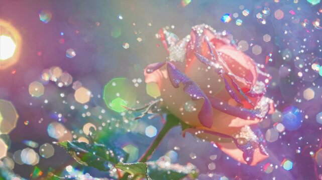 The video captures a dreamy, ethereal scene of a rose with sparkling droplets, using a soft focus and close-up camera angle.
