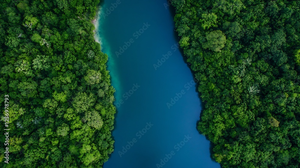 Poster aerial view of a winding river surrounded by lush green trees in a dense forest landscape : generati