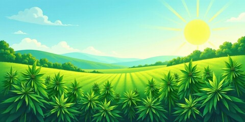 Fototapeta premium Serene Meadow Landscape Vibrant Green Field, Lush Foliage, Rolling Hills Under a Sunny Sky