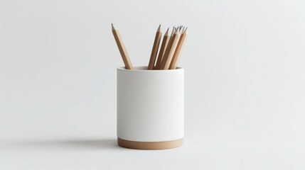 Obraz premium White pencil holder with wooden pencils on plain background