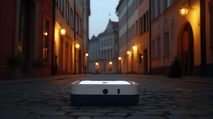 Robot cleaning cobblestone street at night