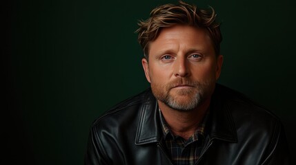 Obraz premium Portrait of a Mature Man in Black Leather Jacket with Green Background