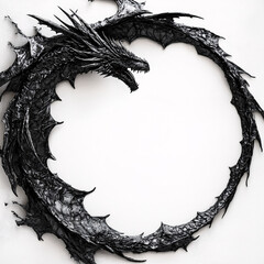 black dragon sculpture wrapping around white wall creating circle shape frame
