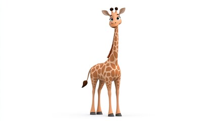Obraz premium Cartoon giraffe standing upright, showcasing its long neck and playful expression in a simple background