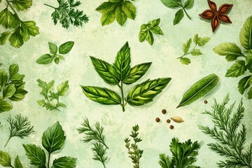 A vibrant arrangement of various fresh herbs on a textured green background, showcasing their unique shapes and colors