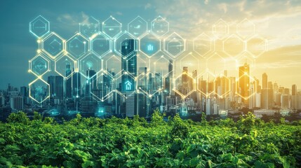 Smart city, sunset, green field, technology network, future