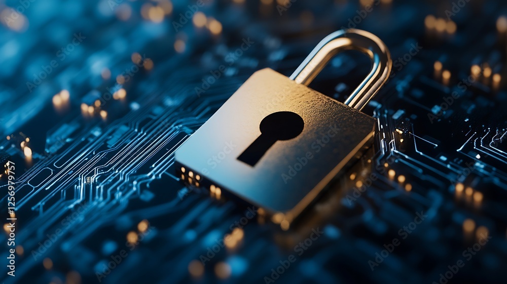 Poster A metal padlock featured on a circuit board design representing digital security : Generative AI