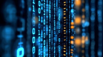 A digital representation of binary code streams in vibrant blue and yellow colors : Generative AI