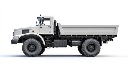 White Dump Truck Side View, Isolated on White Background, for Industrial Use