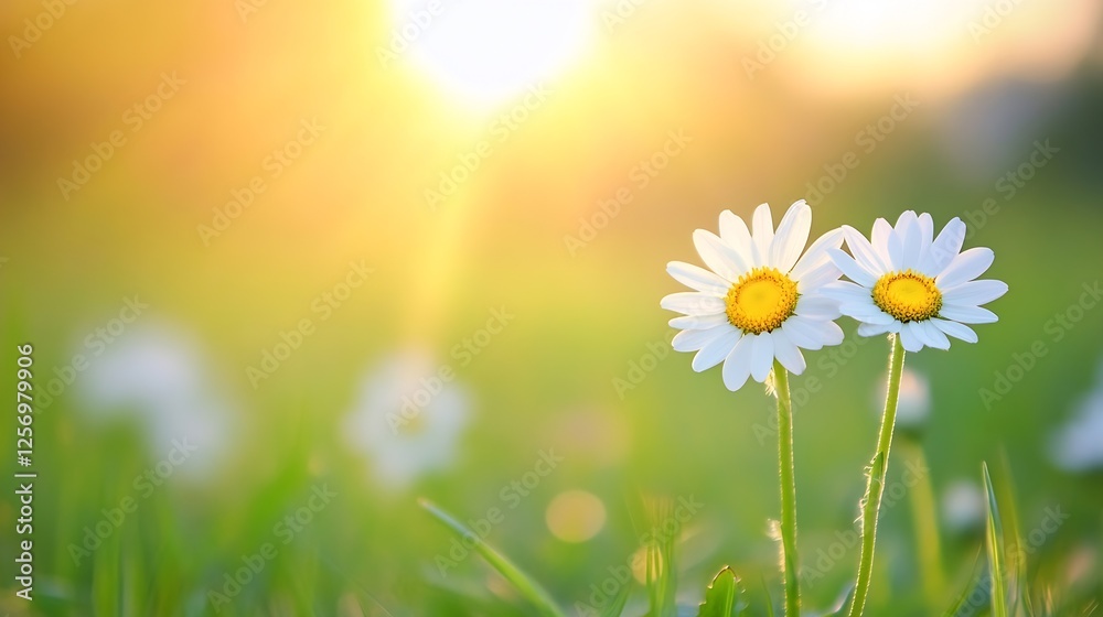 Poster delicate white daisies in a sunlit field with soft golden light and vibrant colors : generative ai