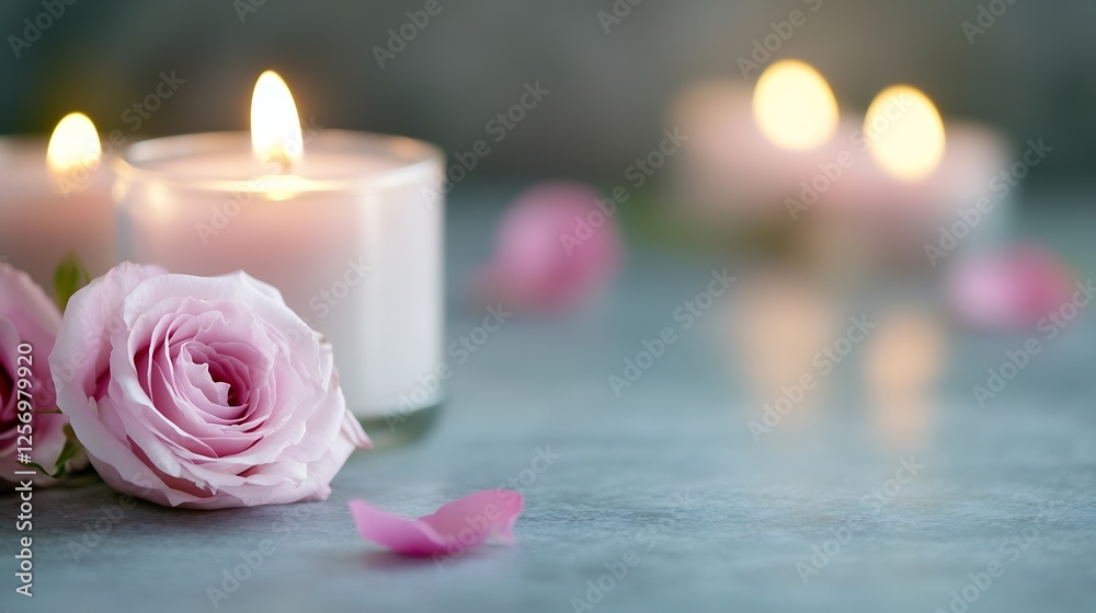 Poster elegant still life with delicate pink roses and scented candles on a soft background : generative ai