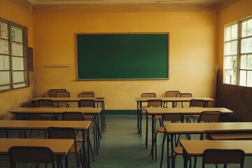 Empty Classroom Desks and Chairs Arranged Neatly Facing a Green Chalkboard in a Yellow Room, Ready for Students. Educational Setting.