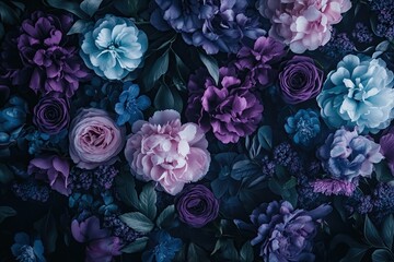 Dark Bloom: Purple, Pink, and Blue Flowers in Lush Arrangement, Exquisite Botanical Display, Captivating Floral Design, Stunning Nature Photography