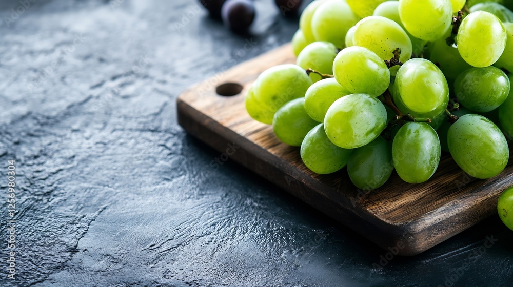 Poster fresh green grape bunch resting on a wooden cutting board with dark background : generative ai