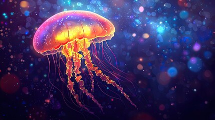 Vibrant jellyfish gracefully swimming through a colorful underwater scene with shimmering lights
