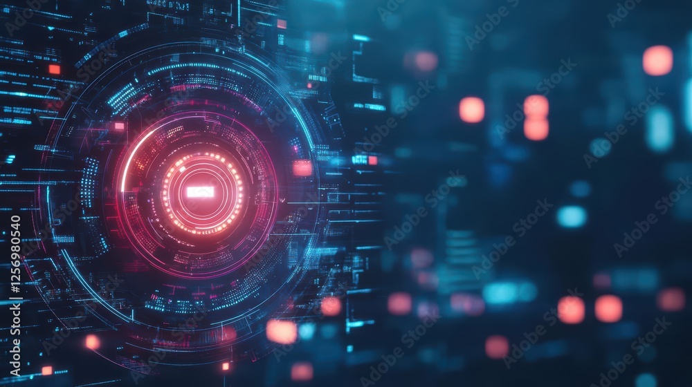 Poster Futuristic cyber background featuring red light and abstract digital patterns in dark environment