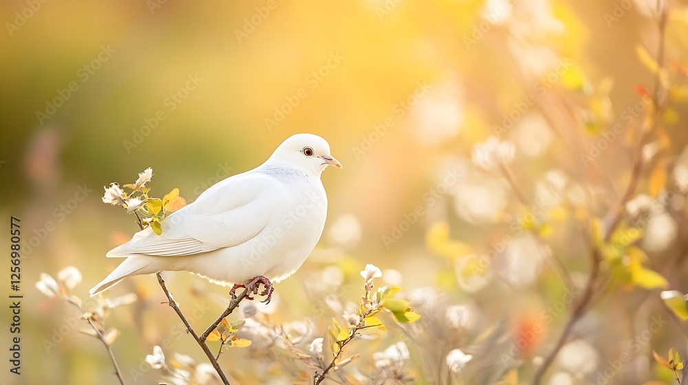 Aufkleber Beautiful white dove perched on branch surrounded by soft glowing background creating serene atmosphere : Generative AI
