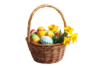 Easter basket with colorful eggs and yellow daffodils isolated on white or transparent, PNG