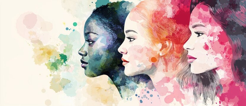 A colorful watercolor illustration of three diverse women in profile, blending artistic splashes. Ideal for empowerment campaigns, diversity awareness, and equality themes