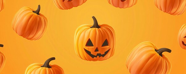 Seamless pattern of 3d rendered halloween pumpkins floating on an orange background