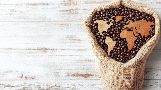 World map coffee beans burlap sack wood background