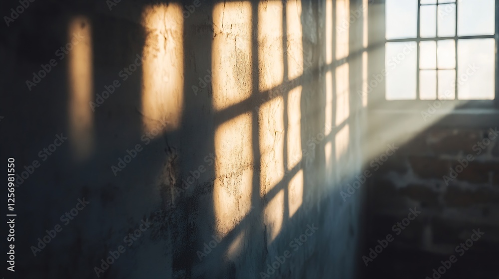 Poster Shadows and light play across an old wall through window frames creating a calming atmosphere : Generative AI