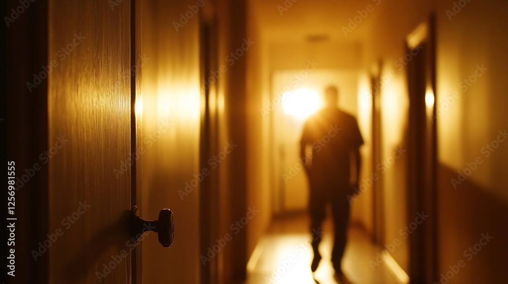 Poster silhouette of a person walking towards the light at the end of a hallway evoking mystery and contemp