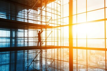 Obraz premium Worker on Scaffold Cleaning Glass Walls at Sunset in Urban Environment