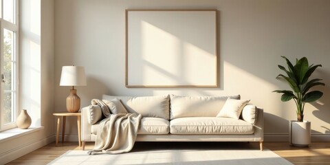 Serene Living Room with Neutral Tones and Sunlight Streaming Through Window Featuring a Blank Canvas