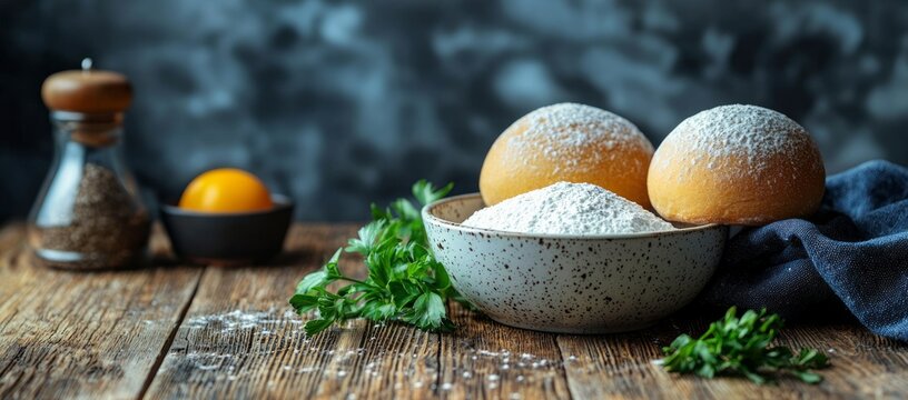 Fresh baked bread, flour, herbs, rustic kitchen. Food blog recipe