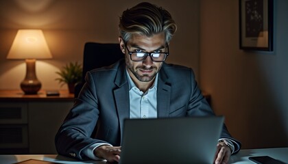 Entrepreneur working late with a strong mindset and deep focus on a laptop in warm office lighting