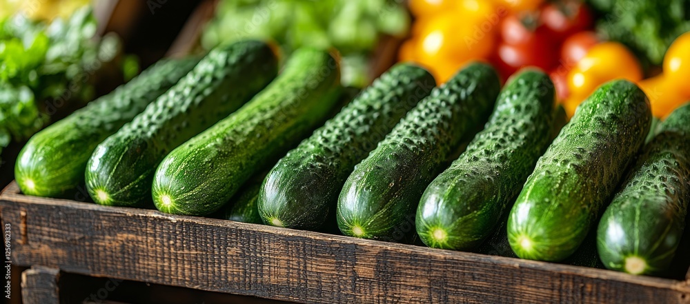 Wall mural Fresh cucumbers in wooden crate, market stall, healthy food