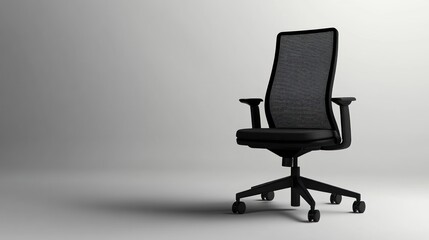 Modern black office chair on wheels, grey background, workspace