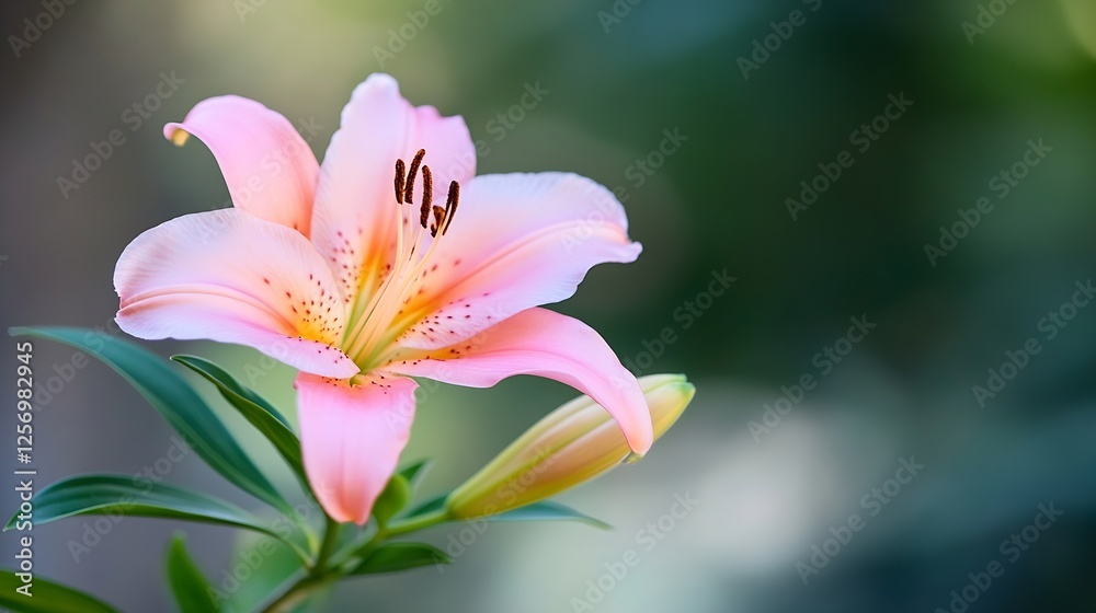 Aufkleber delicate pink lily flower blooming in soft focus against blurred natural background in garden settin