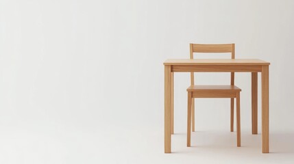 Simple wooden table and chair against white background. Possible use for interior design or furniture catalog
