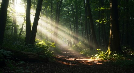 Fototapeta premium Sunbeams in Misty Forest Path - Magical Nature Scene