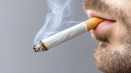 cancer awareness and risk factors concept. Man smoking a cigarette with smoke rising against a gray background.
