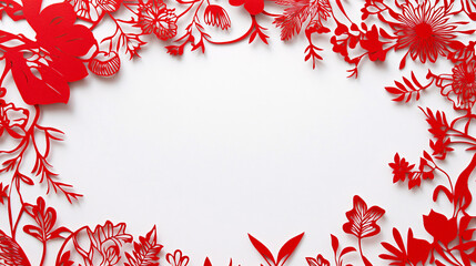 Obraz premium red paper cut floral border frame on white background