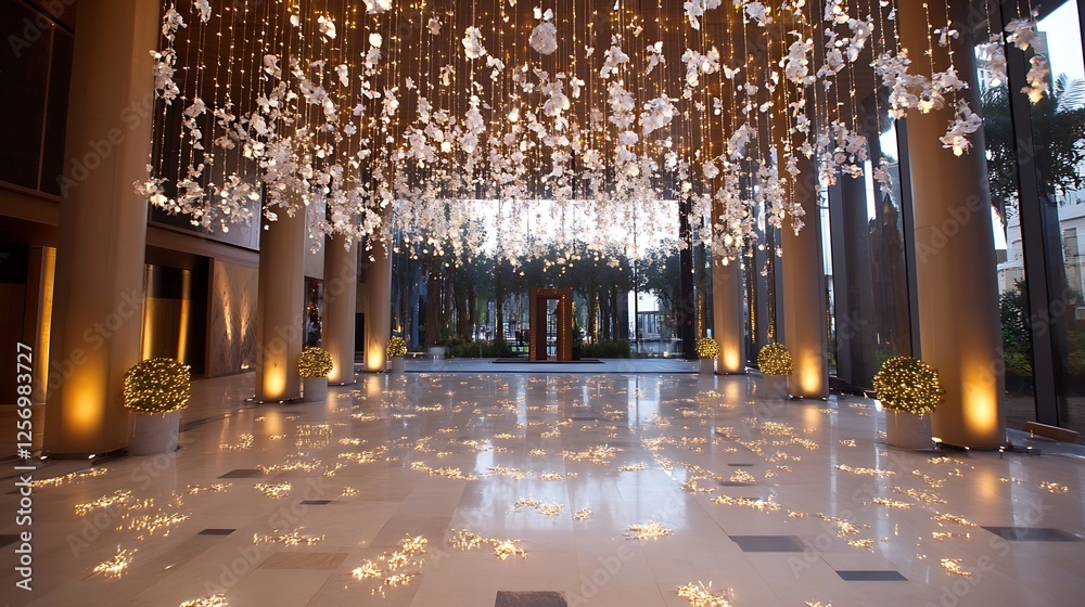 Poster elegant venue adorned with floral decorations and ambient lighting creating a luxurious environment 