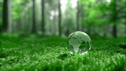 A crystal globe on lush green moss amidst a serene forest setting, representing the need for environmental conservation and the celebration of Earth Day