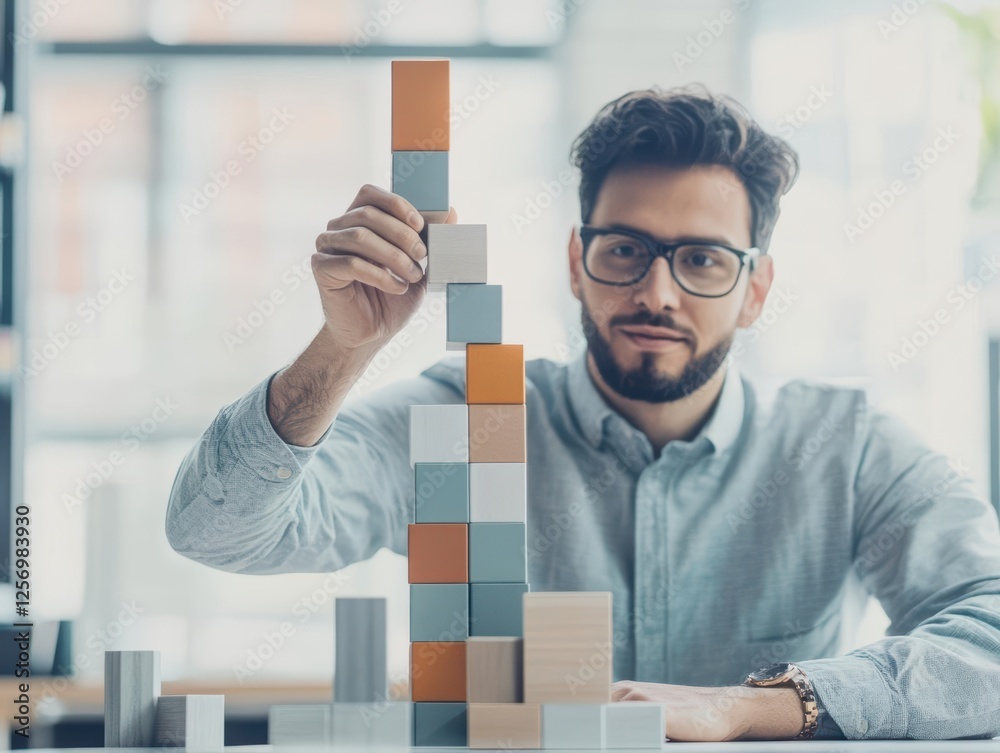 Aufkleber Man in glasses constructing a tower with building blocks in a well-lit indoor environment