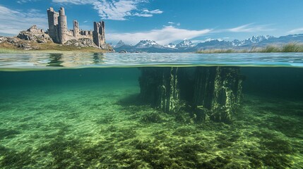 Underwater View of Castle Ardvreck and Loch Assynt, Scotland with Mountain Range in Background