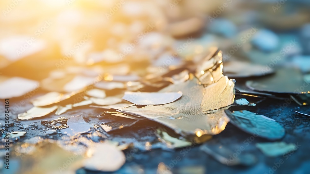 Poster Shiny golden leaf fragments reflecting sunlight creating a dazzling sparkling background texture : Generative AI