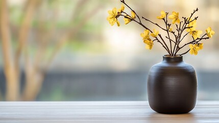 Elegant minimalistic black ceramic vase with yellow flowering branches on a light background : Generative AI