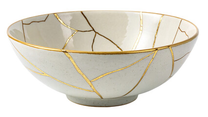 Restored Japanese Chawan Bowl with Gold Kintsugi on a White Background