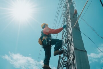 Worker Climbing Utility Pole in Bright Sunny Sky with Power Lines