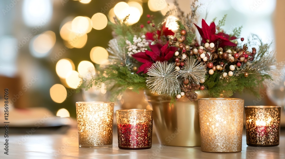 Poster beautiful festive table arrangement with candles and christmas decoration creating a cozy holiday at