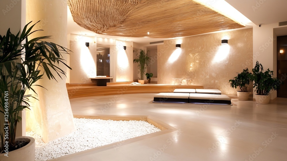 Poster modern spa interior design with calming atmosphere and natural elements for relaxation and rejuvenat