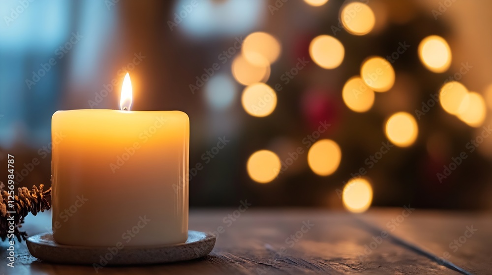 Poster Serene candle placed on a rustic table with blurred Christmas lights creating a peaceful holiday vibe : Generative AI