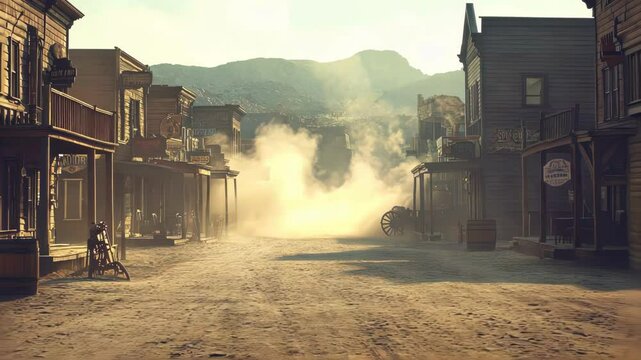 A tranquil old western town with a dusty, empty street and rustic buildings.